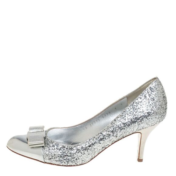 Salvatore Ferragamo Silver Glitter Vara Bow Pumps Size 38.5 - Picture 2 of 4